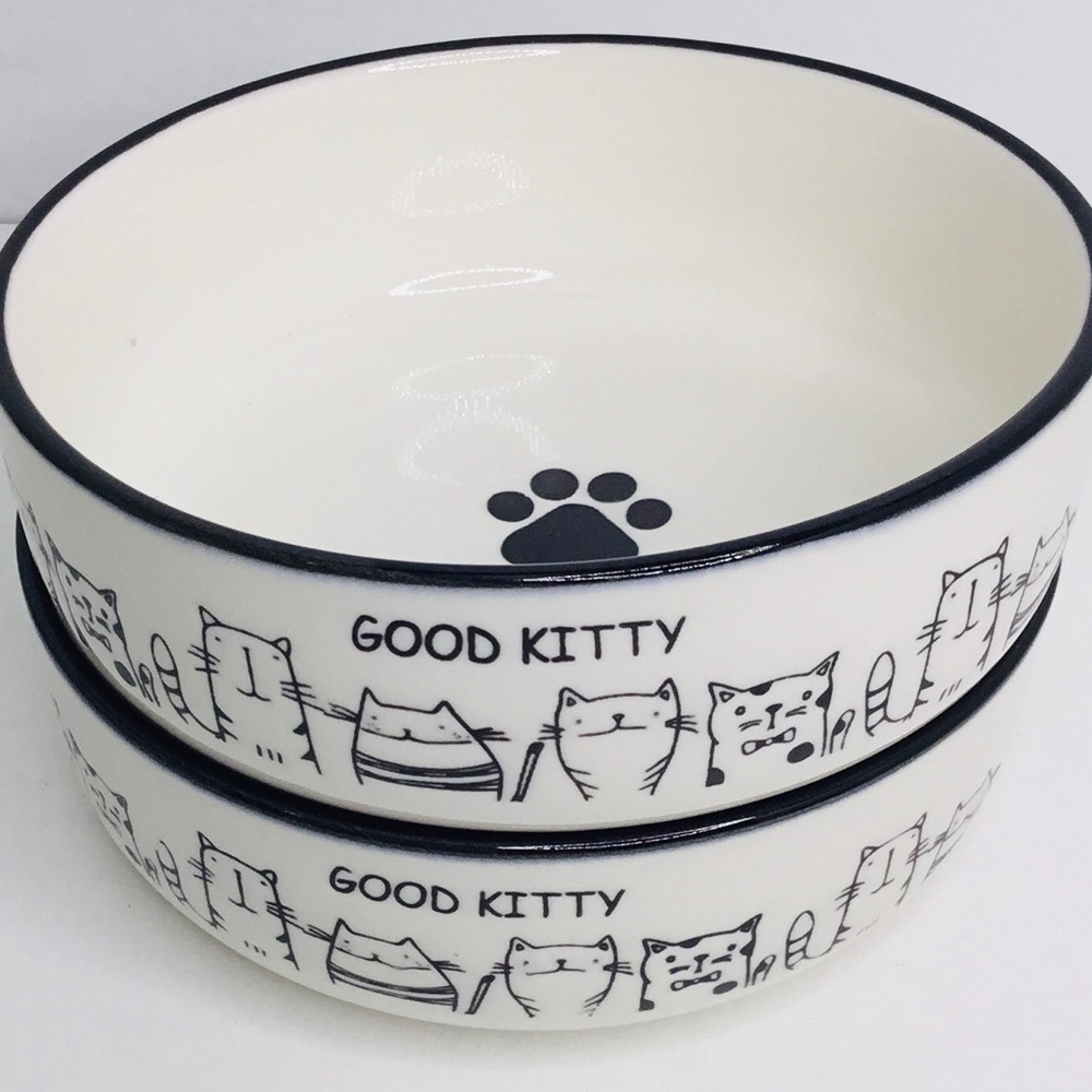 2 Good Kitty White Ceramic Pet Bowl 5” New
